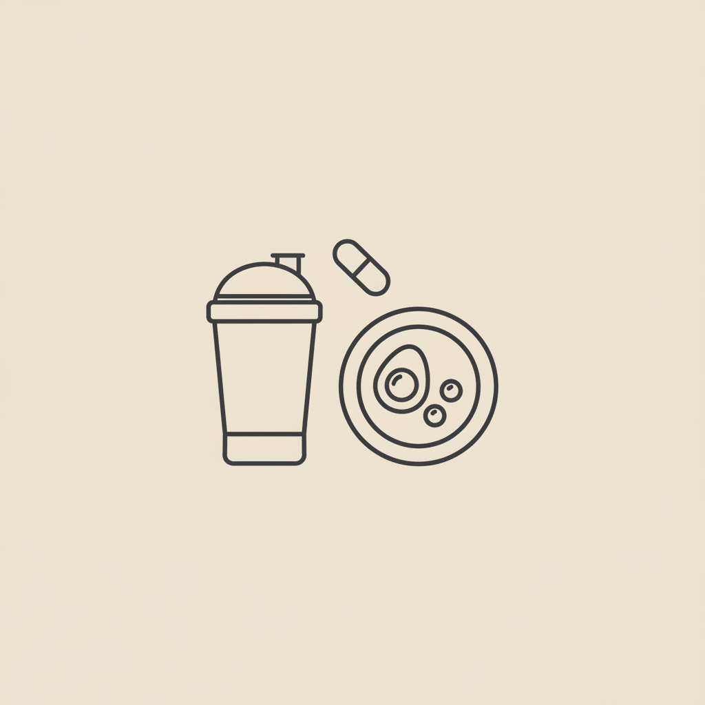 Minimal Tonum-style line illustration of a shaker bottle, a plate with an egg and berries, and a capsule on beige background - best time to drink a protein shake