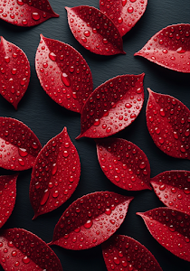 Red Leaves Water Drops Black Slate
