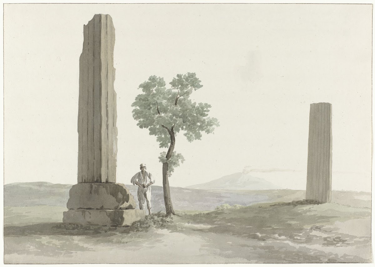 Twee fragmenten van zuilen van de tempel van Zeus Olympus op afstand van halve m