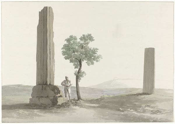 Twee fragmenten van zuilen van de tempel van Zeus Olympus op afstand van halve m