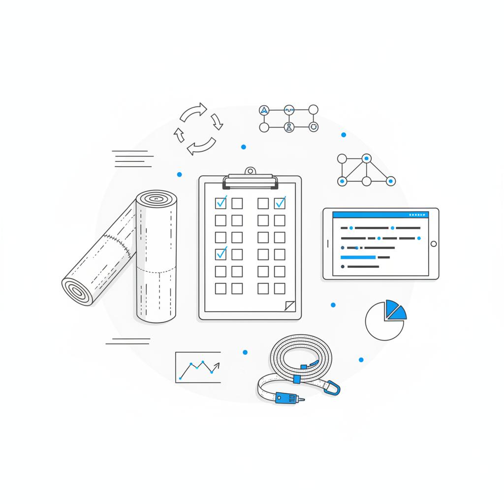 Top-down 2D vector notebook-style planning layout for how to run a successful roofing business: rolled roofing, safety harness, clipboard with blank checkboxes, tablet timeline, white background, brand colors.