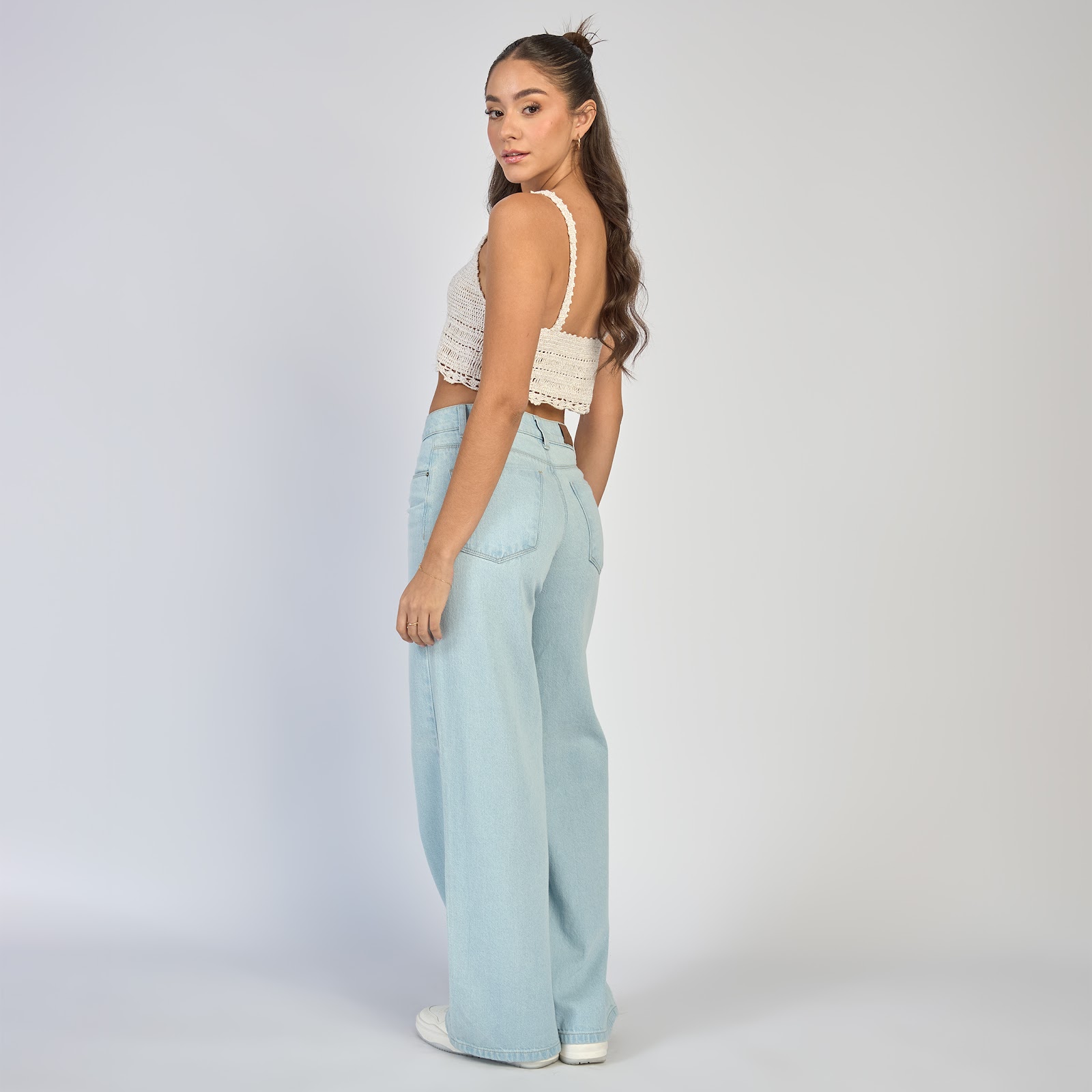 Jean dama wide leg tiro alto rígido, color Azul claro - Vista 3