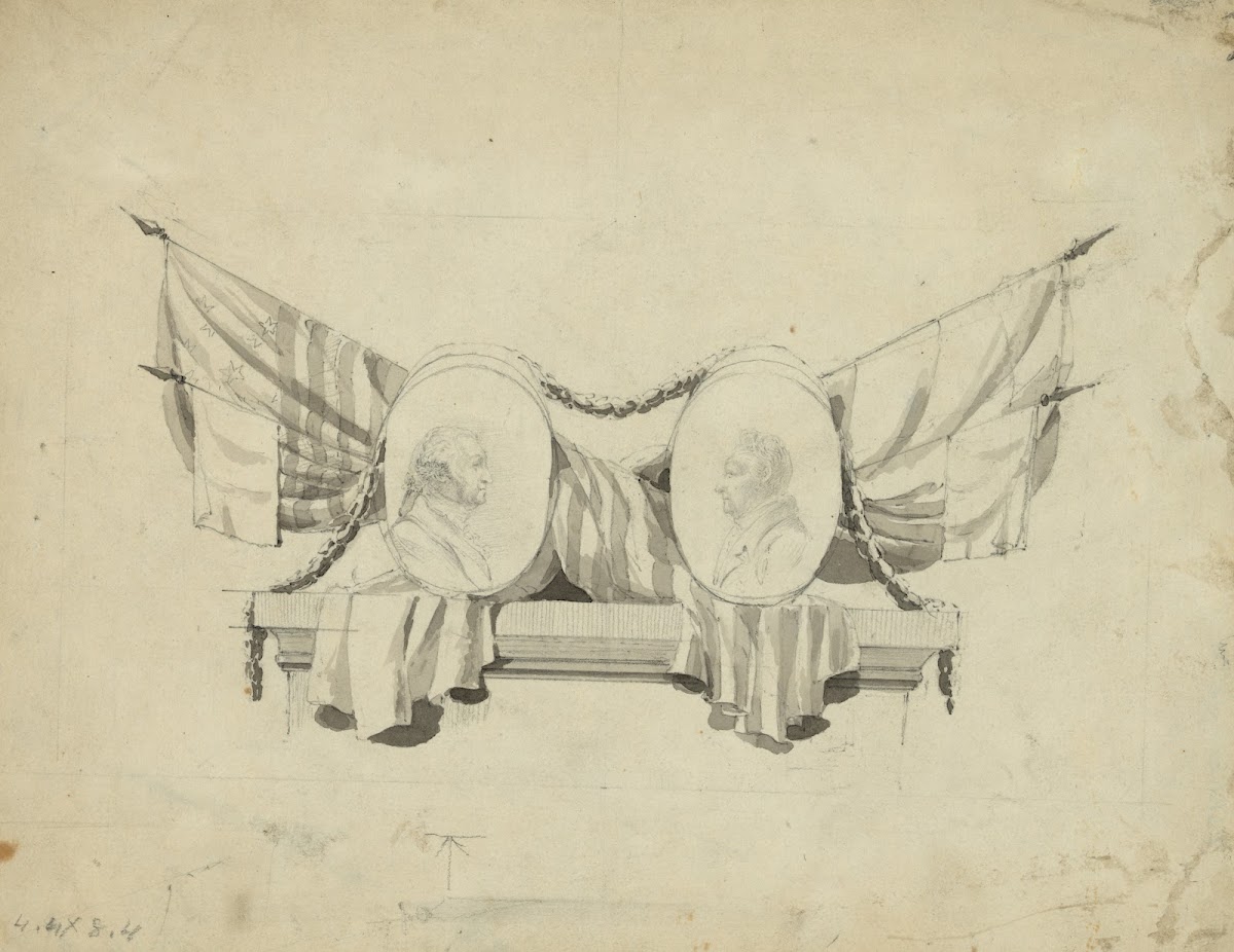 Medallion portraits of Washington and Lafayette on plinth draped with flags 1795