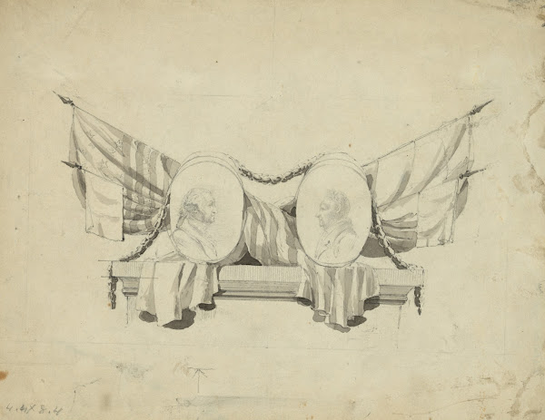 Medallion portraits of Washington and Lafayette on plinth draped with flags 1795