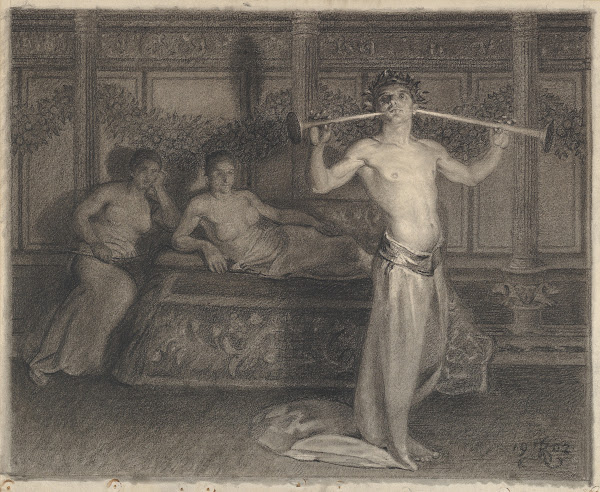 Two Women in an Interior Listening to a Young Musician in Antique Times 1902