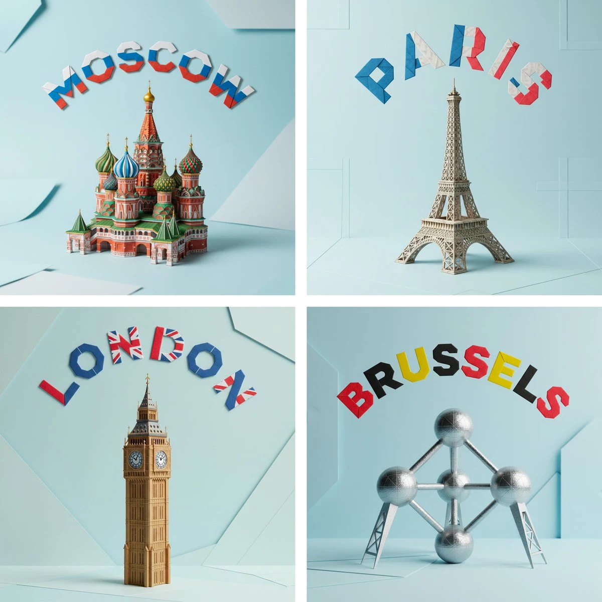 Monumento de origami de papel intrincado con el nombre de la ciudad.