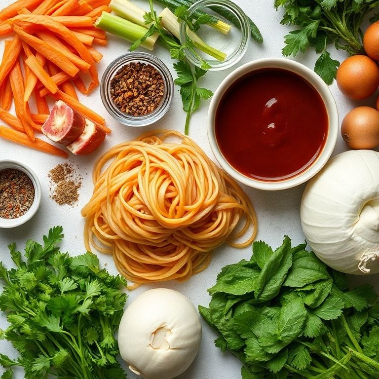 Ingredients for Easy 15-Minute Lo Mein with Veggies and Savory Sauce: Quick, Homemade Comfort Food
