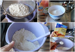 Chuẩn bị khuôn, lót giấy vào khuôn. Đặt khay nướng ở rãnh giữa của lò nướng, bật lò ở chế độ lửa cả trên và dưới, vặn nhiệt độ 180 độ C. Hỗn hợp khô: Rây bột mì, bột nở, đường, muối, bột quế vào thau trộn, trộn đều.