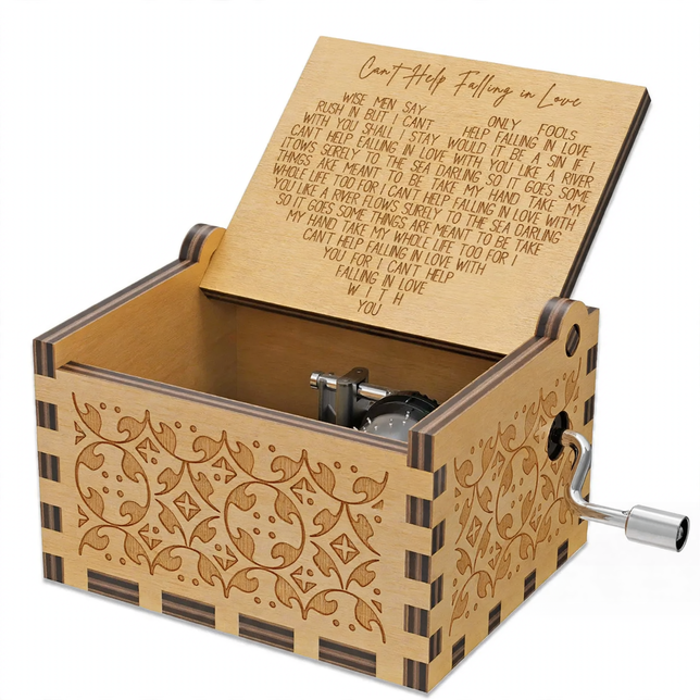 Handkurbel-Spieluhr aus Holz mit Lasergravur