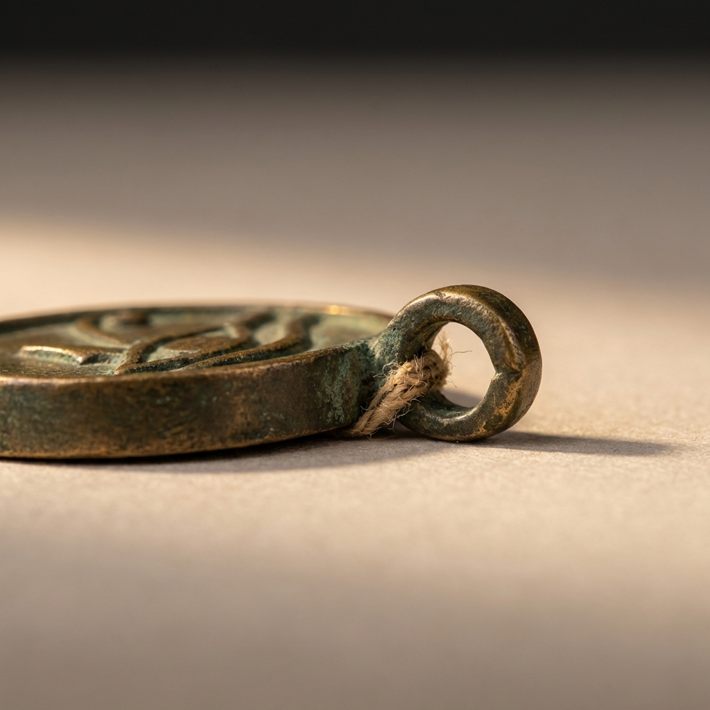 Macro close up of eye of horus jewelry wedjat pendant bezel and suspension loop showing aged patina and frayed string on warm beige background