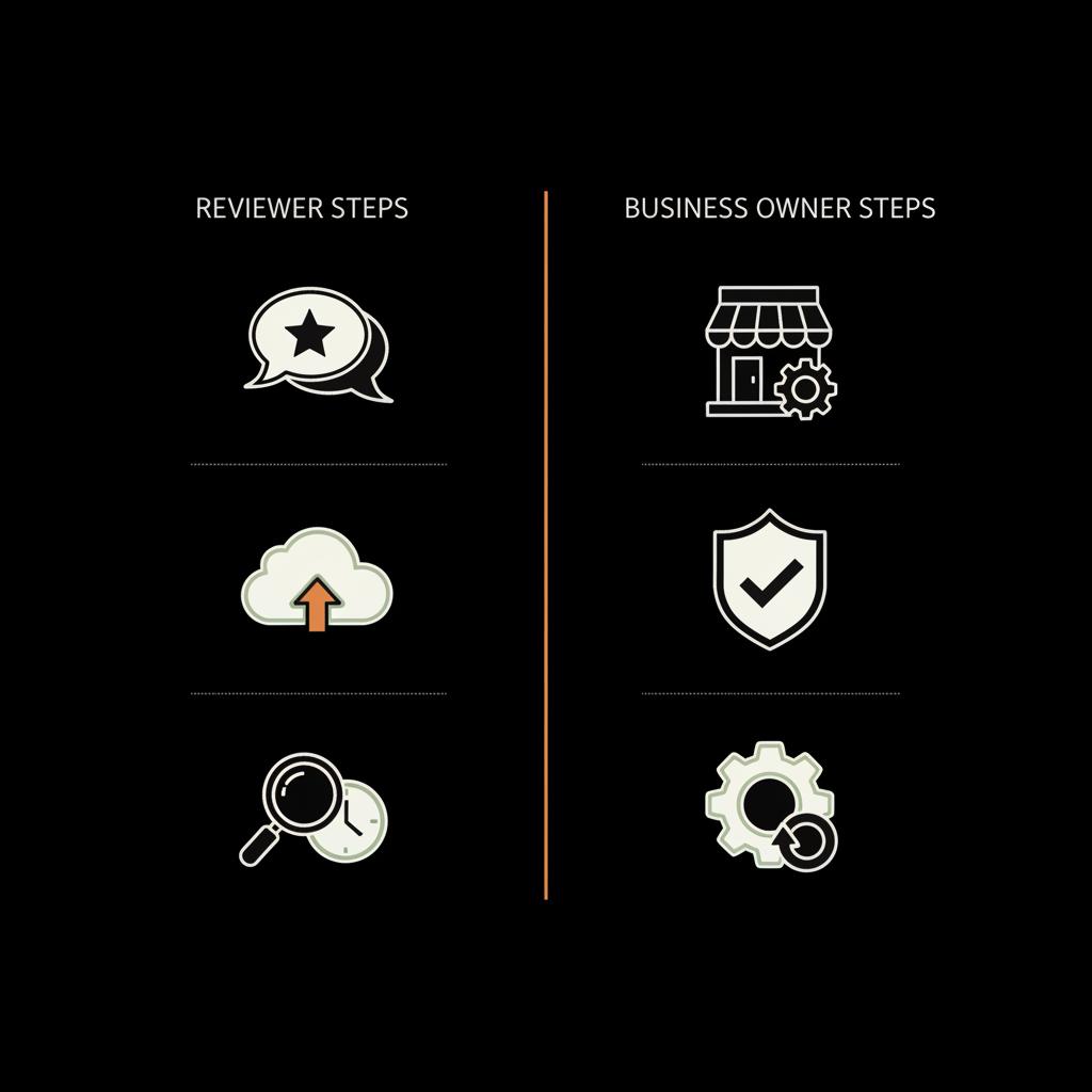 Minimal 2D vector infographic showing reviewer steps and matching business owner steps using icons and accent highlights - google review not showing publicly