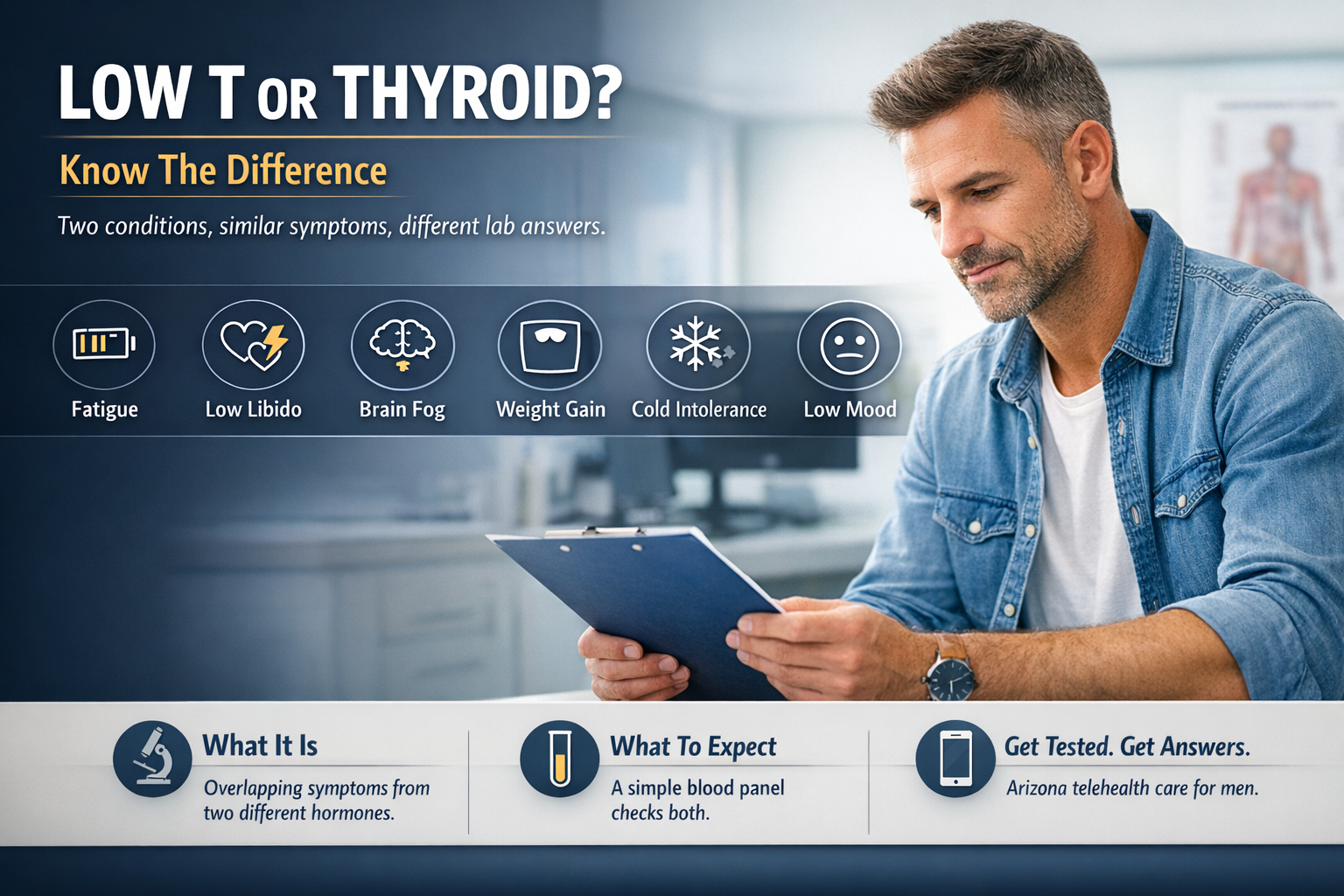 Low Testosterone or Thyroid Problem? How to Tell Them Apart — AZTRT Arizona TRT clinic blog cover showing a healthy man reviewing lab results with icons for fatigue, low libido, brain fog, weight gain, cold intolerance and low mood