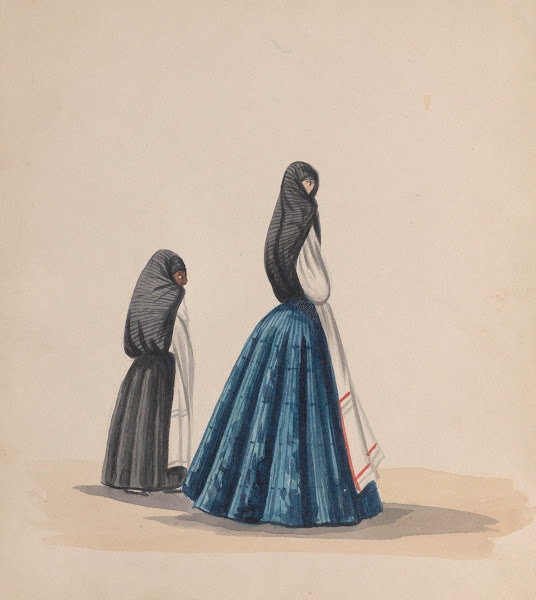 Two woman wearing the saya viewed in profile ca 1848