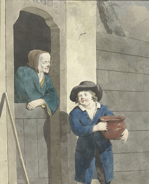 Jongen met een pot bij een vrouw leunend op een onderdeur 1700   1800