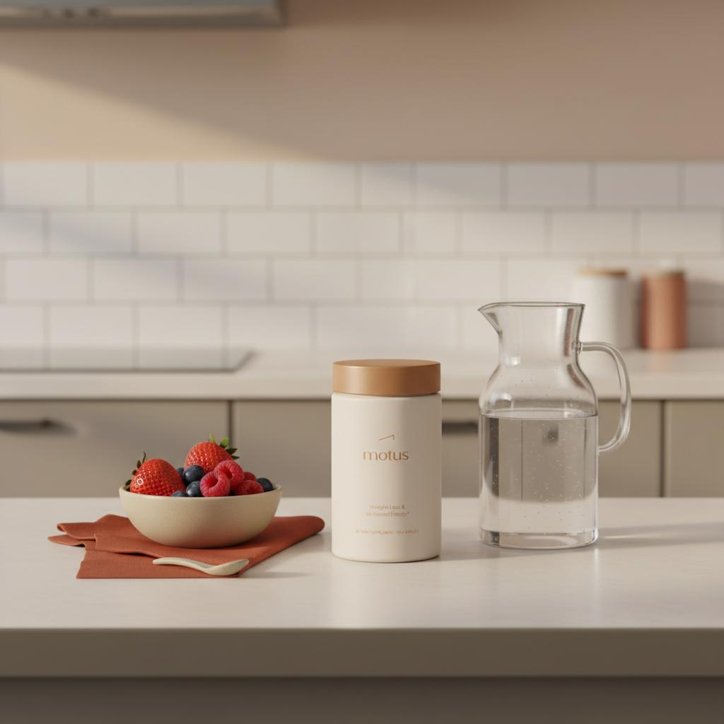 Motus supplement jar on a clean kitchen counter next to a bowl of berries and a pitcher of water, suggesting a non prescription weight loss pill morning routine.