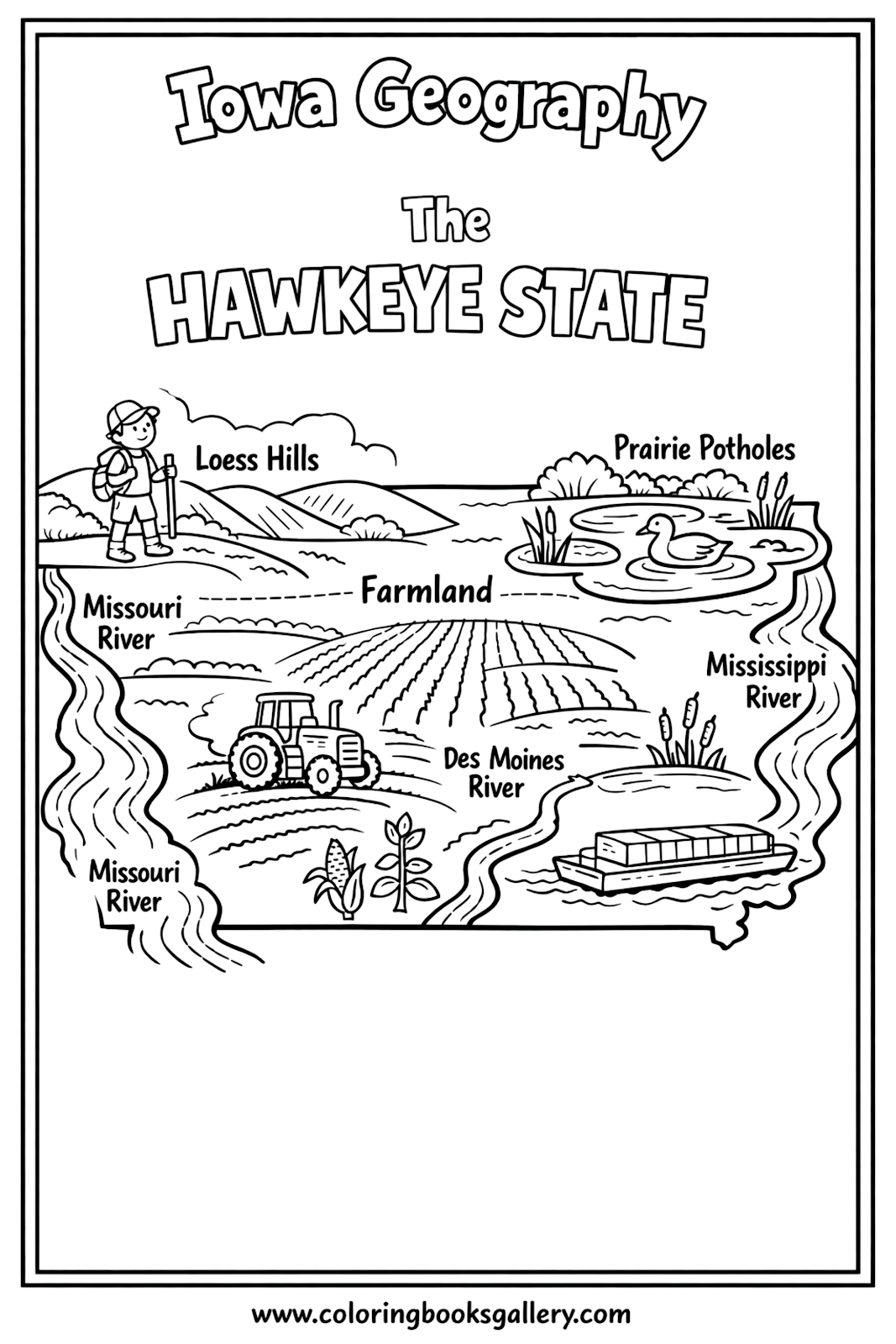 Iowa Geography for Kids – Simple Educational Printable Coloring Page for Kids – printable coloring page