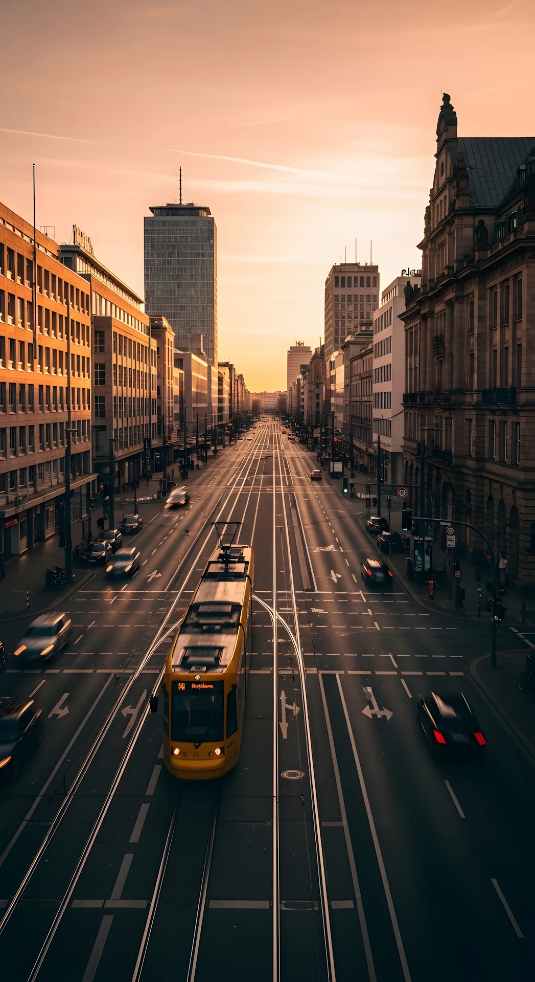 Wide City Streetscape with Yellow Tram, Modern and Historic Buildings at Golden Hour - Free 4K mobile Wallpaper