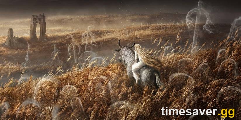 Shadow of the Erdtree key art — Miquella riding Torrent through the field of grave-markers in the Realm of Shadow
