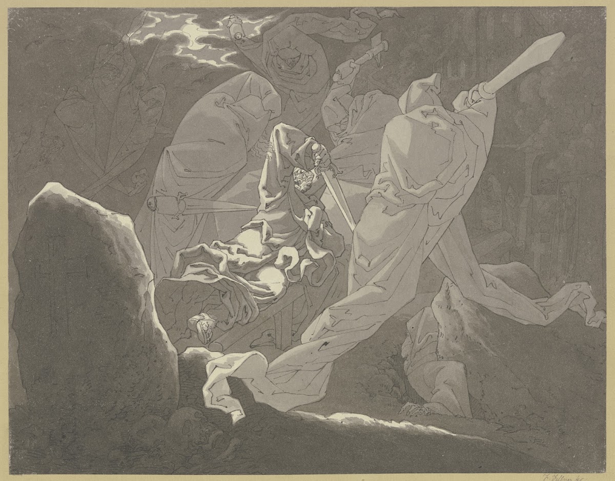Friedhofsszene Ritter auf Totenbahre Gespenster überfallen ihn ca 1817 1825
