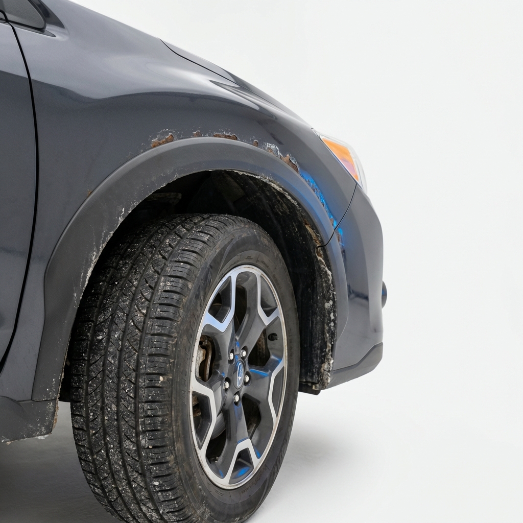 Close up of Subaru Crosstrek tire and wheel well showing surface rust and salt residue on the fender area subaru crosstrek for sale