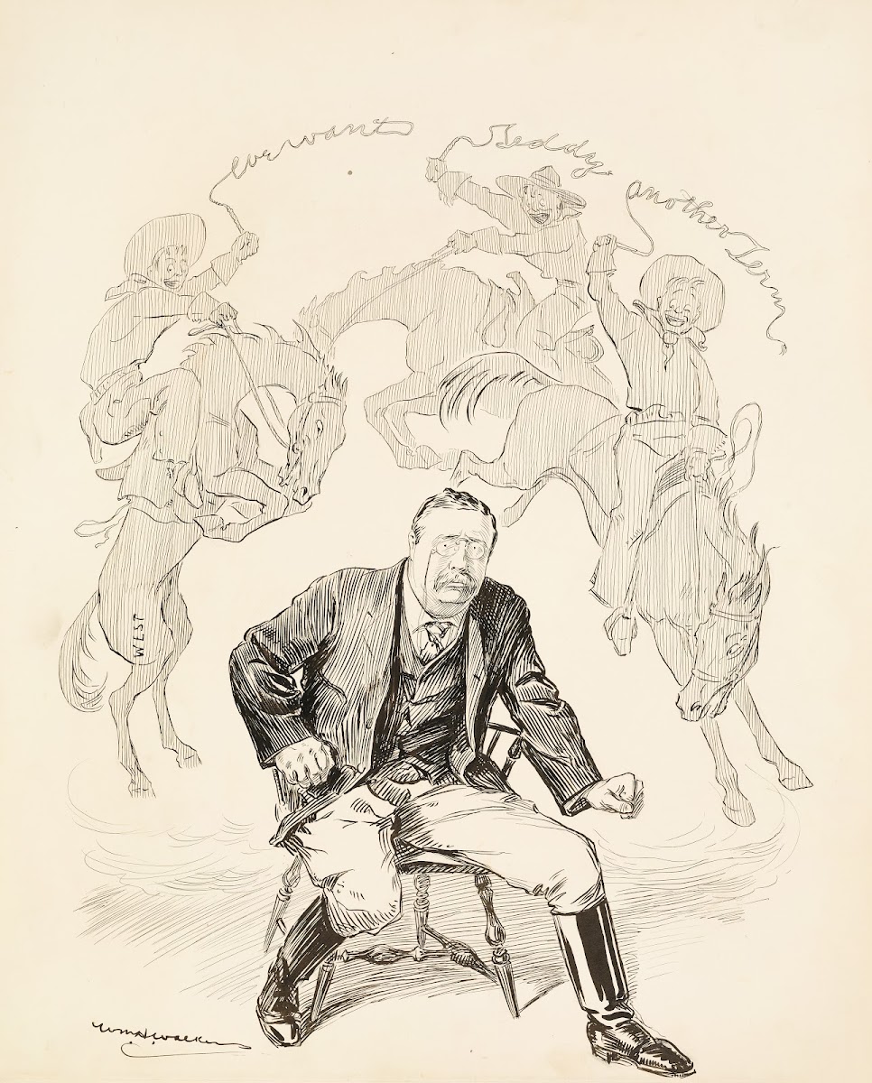 President Theodore Roosevelt ready to leave his chair is haunted by three cowboy