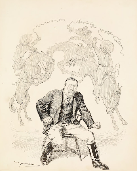 President Theodore Roosevelt ready to leave his chair is haunted by three cowboy
