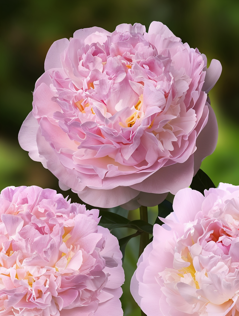 Paeonia lactiflora 'Blush Queen' in piena fioritura con petali rosa cipria nel giardino