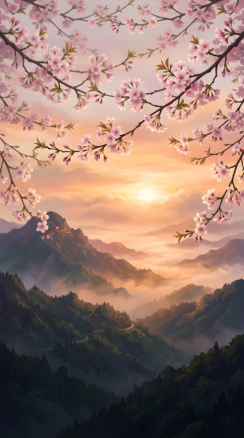 Misty Mountain Valley with Cherry Blossoms at Sunset - Free mobile Wallpaper