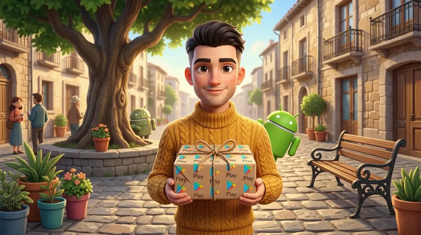 Un muchacho lleva un paquete envuelto en papel con logos de la play store.