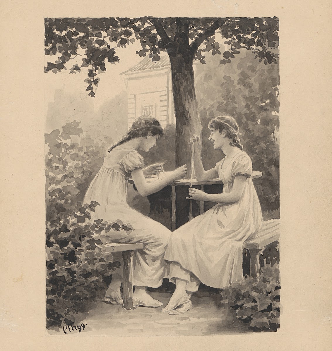 Two young women are sewing at a garden table 1899