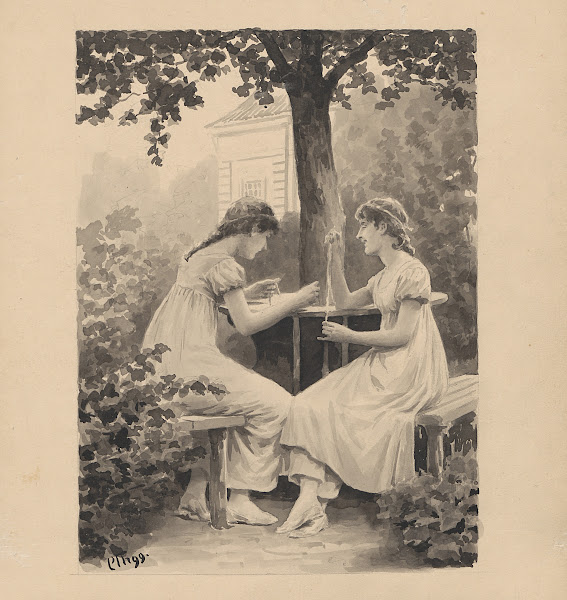 Two young women are sewing at a garden table 1899