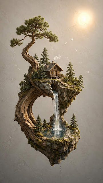Minimalist Bonsai Styled Floating Island with Cabin and Waterfall - Free mobile Wallpaper