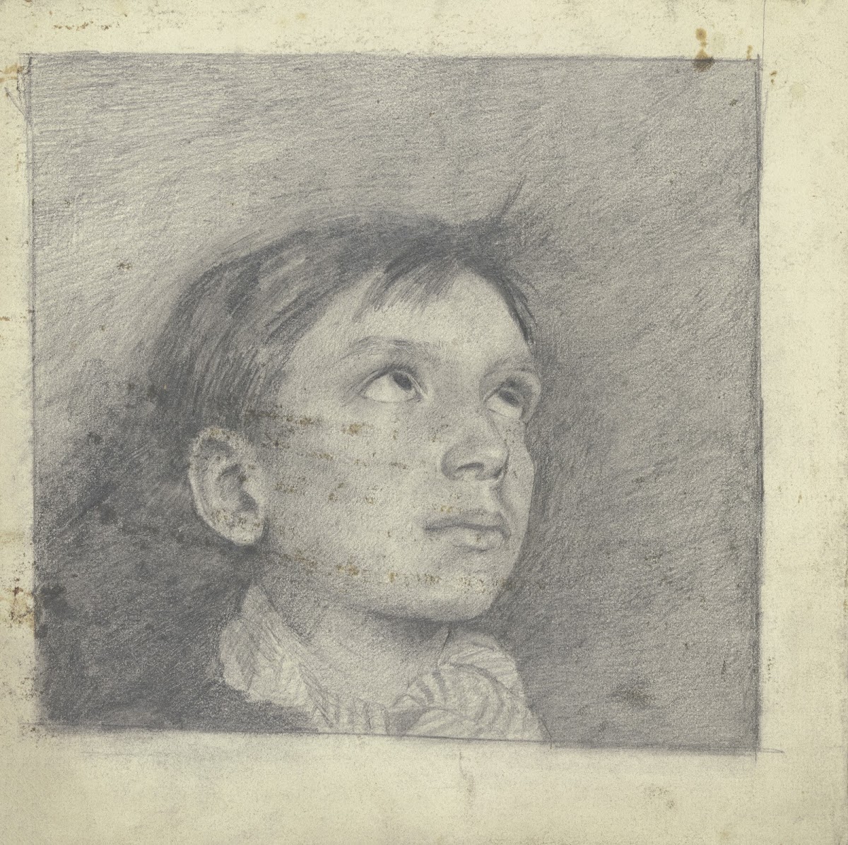 Kopf eines nach oben blickenden Knaben ca 1878