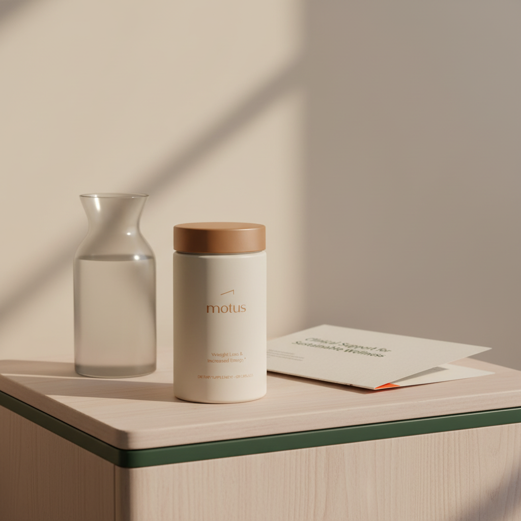 Close-up of Tonum Motus supplement bottle on wooden bedside table with water carafe and folded clinical pamphlet, minimalist research-forward scene about phentermine side effects
