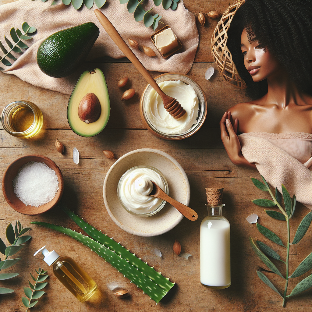 Un flat lay élégant sur fond en bois naturel présentant des ingrédients naturels pour soins capillaires maison : un avocat coupé en deux, un pot de beurre de karité blanc crémeux, une bouteille d'huile de coco transparente, des feuilles d'aloe vera fraîches et un petit bol mélangeur en céramique blanche. L'ambiance est chaleureuse, naturelle et invitante.