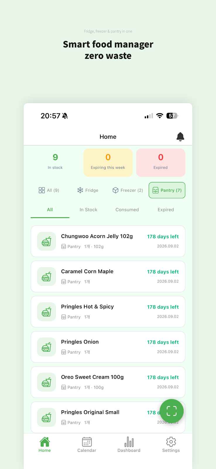 Fridgi app home screen - fridge food inventory