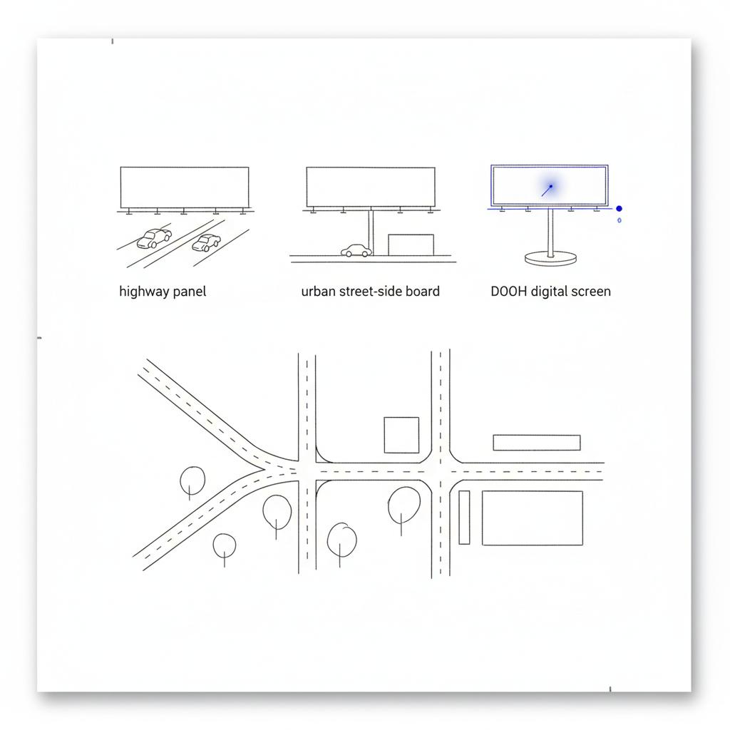 Close-up notebook-style sketches of three billboard advertising mockups (highway panel, urban street board, DOOH digital screen) over a simple map fragment, DOOH highlighted.