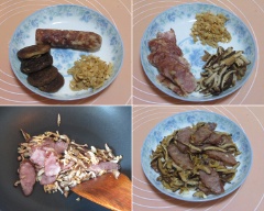 Nấm hương ngâm cho nở, sau đó cắt nhỏ, lạp xường, thịt trai cũng cắt nhỏ. Đặt chảo lên bếp, đổ dầu vào, dầu sôi thả nấm hương, lạp xường, thịt trai vào xào gần chín rồi múc ra đĩa cho nguội.