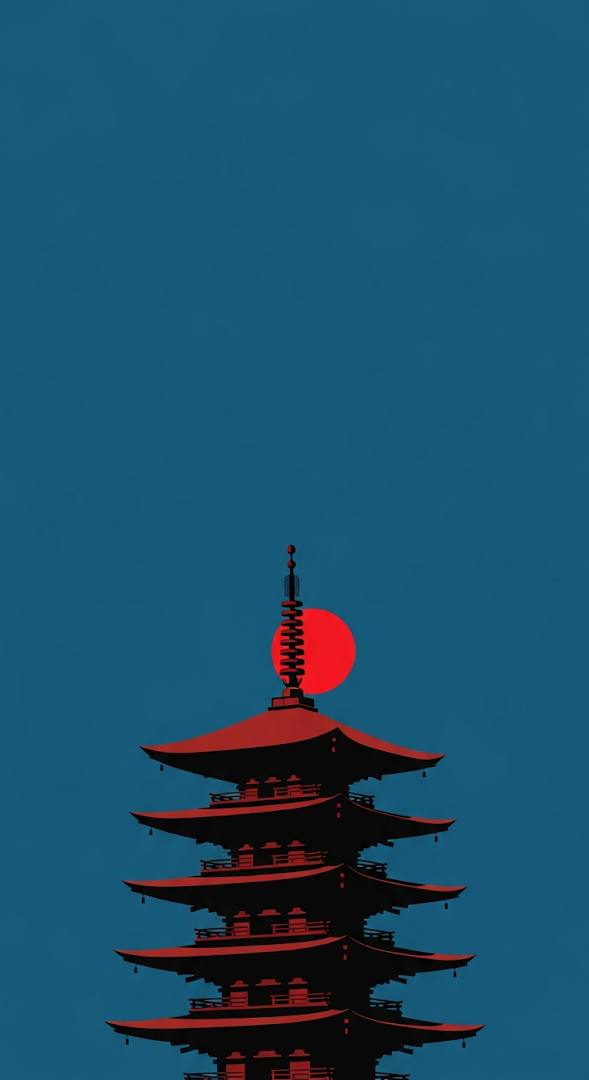 Dark Minimalist Illustration of a Centered Pagoda Silhouette Beneath a Bold Red Sun