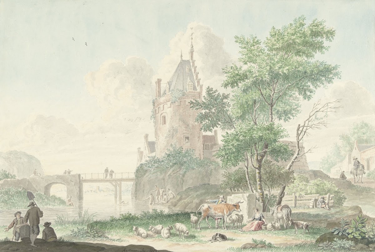 Zomerlandschap met figuren en vee 1759
