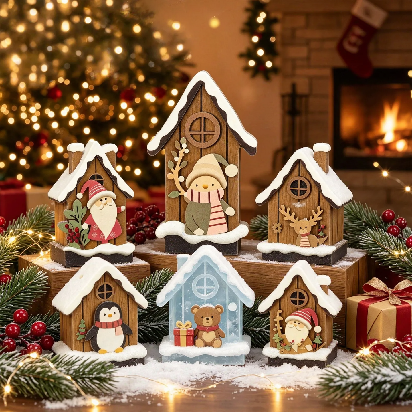 Beleuchtetes Weihnachts-Holzhaus-Set für Tischdekoration