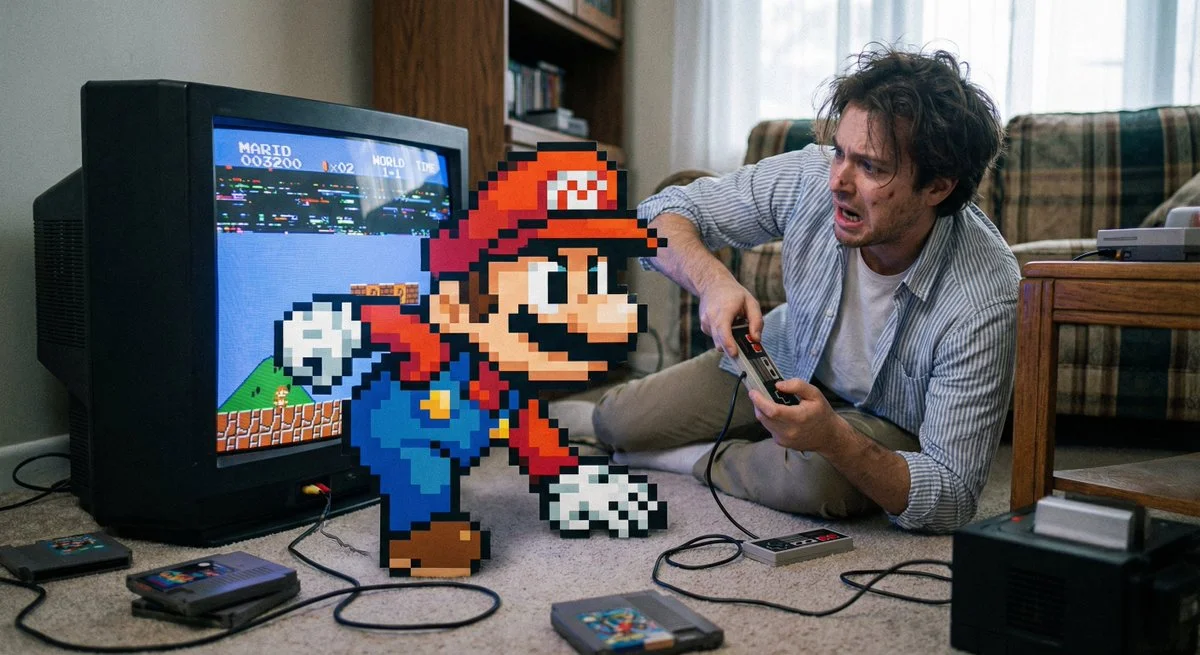 Un personaje de juego pixelado escapa de la pantalla, el jugador corre a recuperarlo.