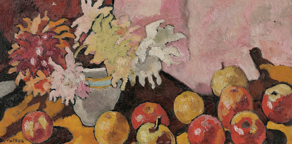 Bouquet de dahlias et pommes circa 1940