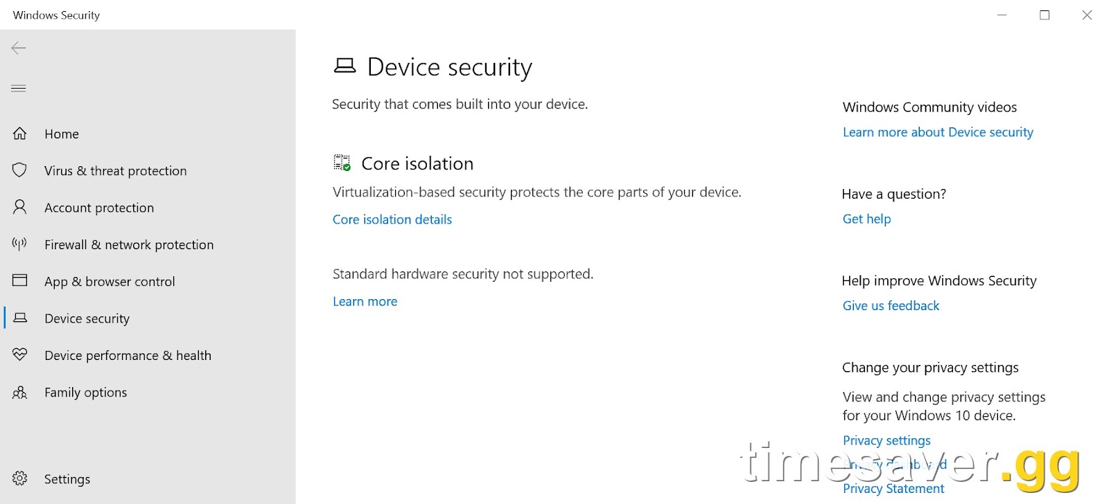 Windows Security Device Security page, where you can clear and re-provision the TPM