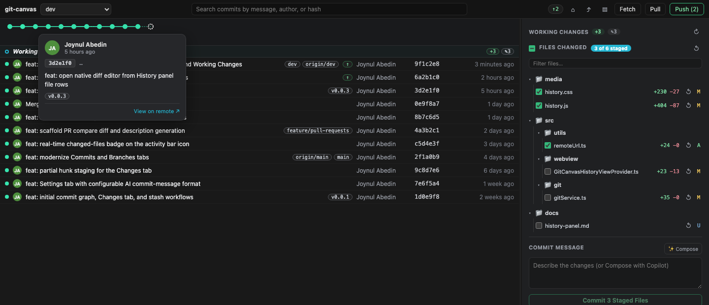 GitCanvas History panel docked in VS Code's bottom panel, showing the commit graph, commit list, and Working Changes inspector with per-file staging checkboxes