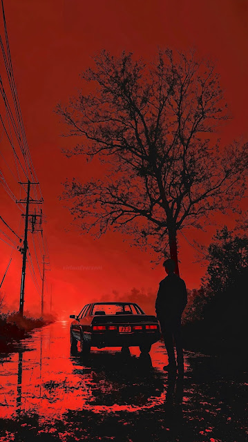 Crimson Road Trip Silhouette with Vintage Car and Bare Tree - Free mobile Wallpaper