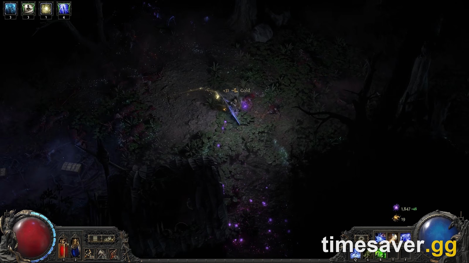 PoE2 Viridian Wildwood forest area with glowing Wisps, reached via a Sacred Bloom in 0.5.5