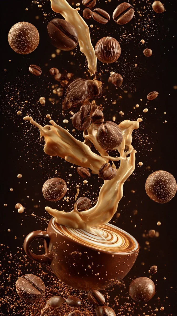 Composición vertical ultracinematográfica de elementos de café suspendidos en el aire, con granos de café tostados cayendo en cascada...