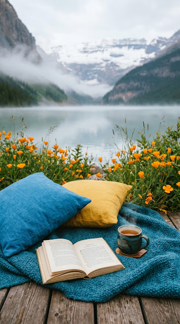 Cozy Outdoor Reading Spot with Pillows and Tea by a Lake - Free mobile Wallpaper