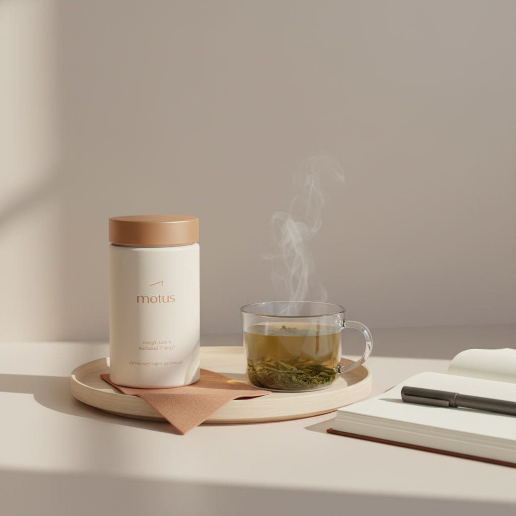Minimalist morning countertop with Tonum Motus jar beside a steaming cup of green tea and a journal, calm wellness scene highlighting which tea burns the most belly fat.